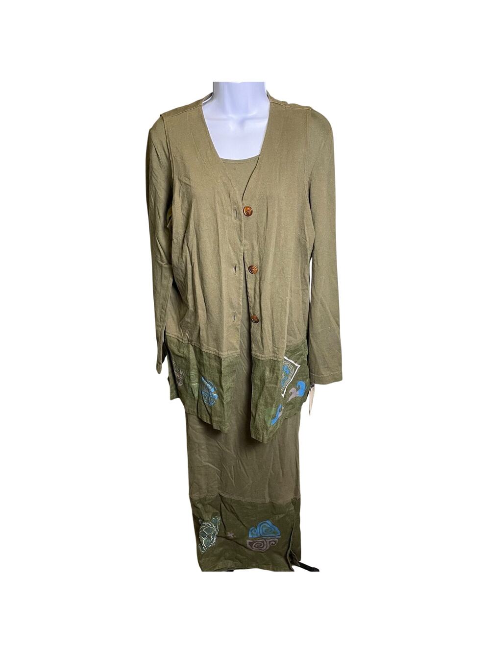 NWT VTG 90s Sweet Jessie 2 Piece Maxi Dress Set Womens M Olive Green Boho Artsy